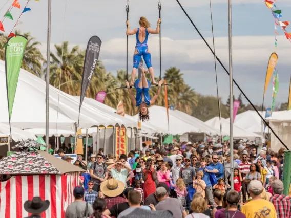 large group of people watching trapeze artists on the university of arizona mall