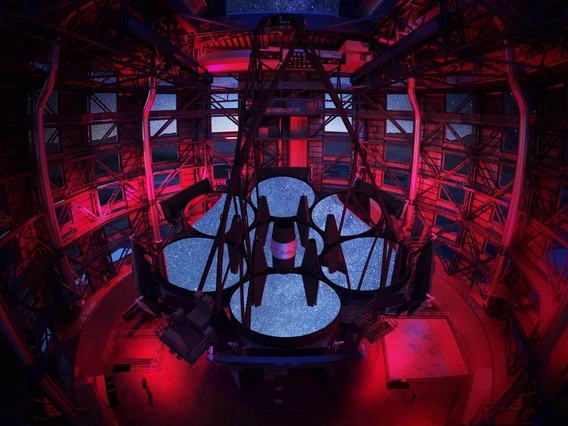 Interior view of the Giant Magellan Telescope at night.