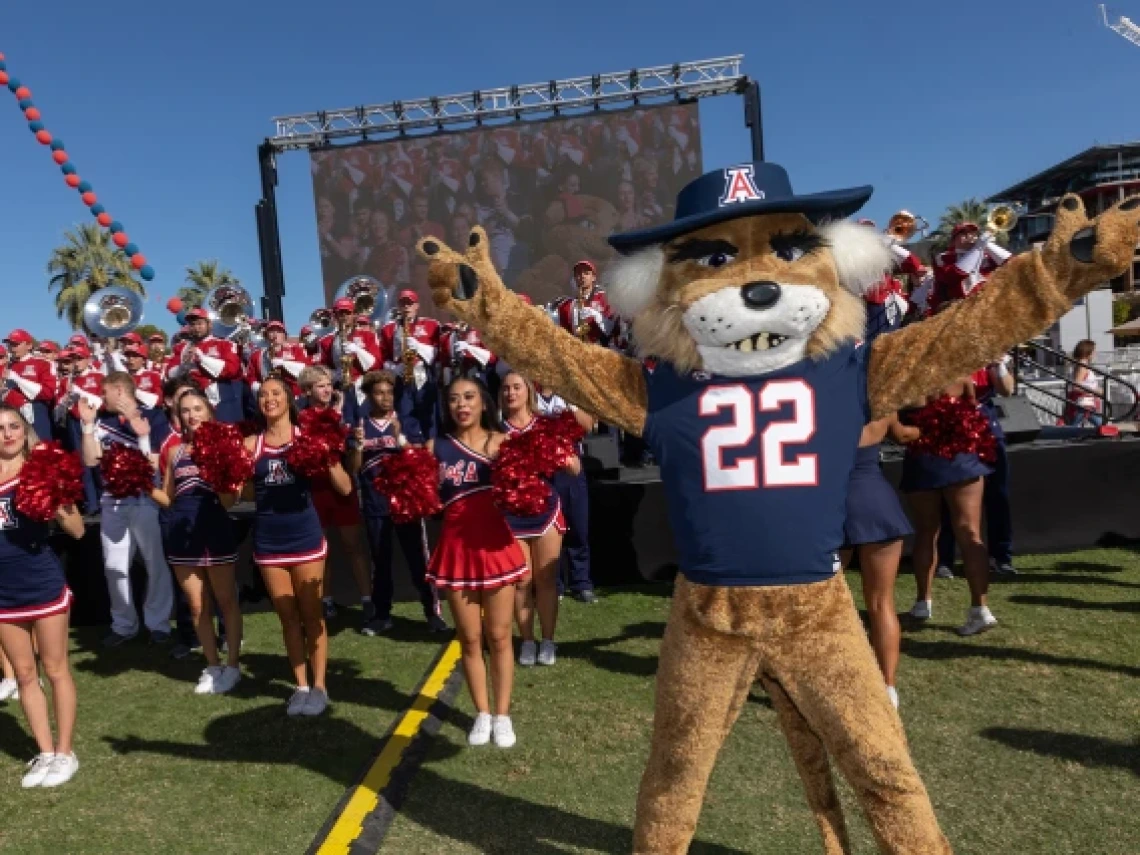 Wilbur Wildcat celebrates with members of the Pride of Arizona marching band during Homecoming 2022