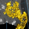 Resembling a raw gold vein, a molten sulfide network is revealed percolating between grey rock in this microscopic image